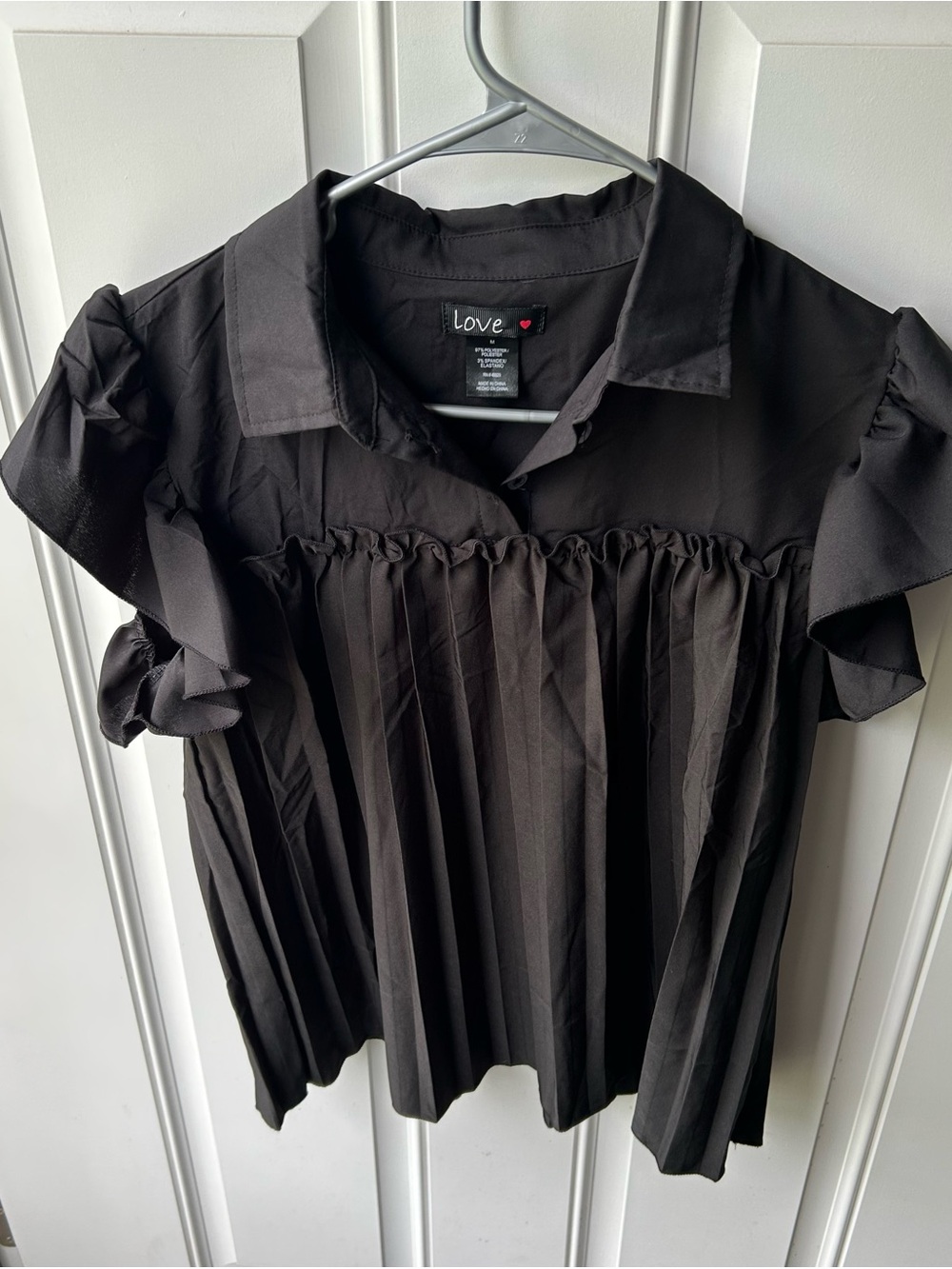 Love Black Pleated Ruffle Sleeve Collared Blouse